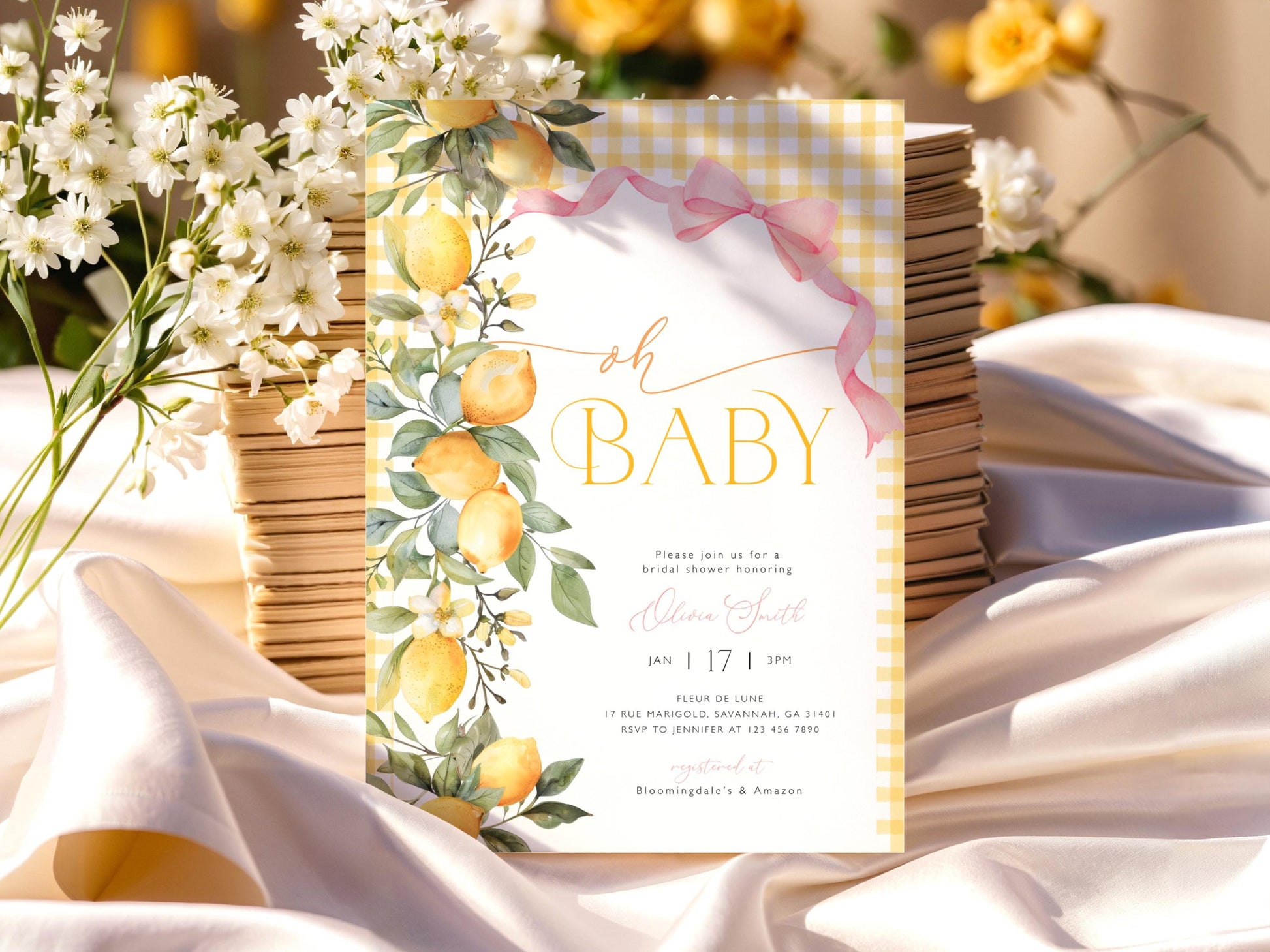 citrus, lemon, pink bow and summer shower baby shower invite for a personalized celebration