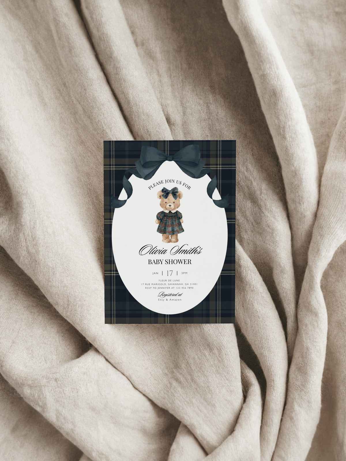 teddy bear, gingham and vintage baby shower invite for a personalized celebration