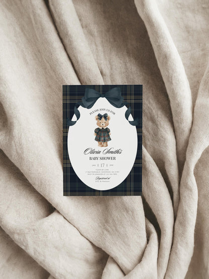 teddy bear, gingham and vintage baby shower invite for a personalized celebration