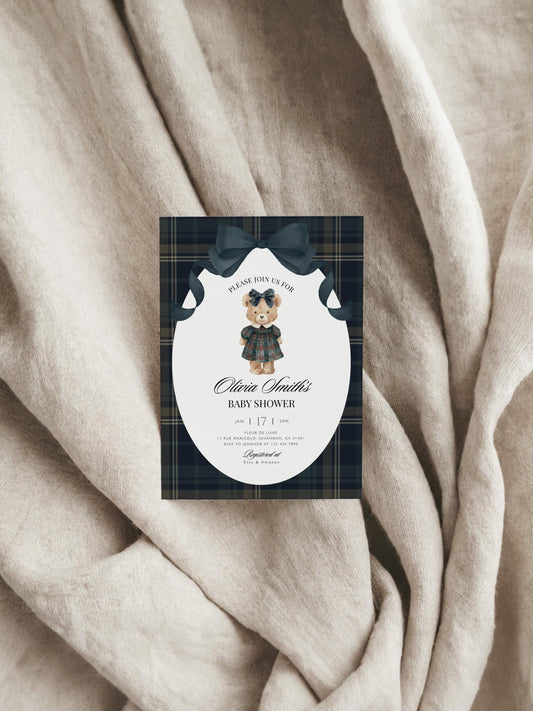 teddy bear, gingham and vintage baby shower invite for a personalized celebration
