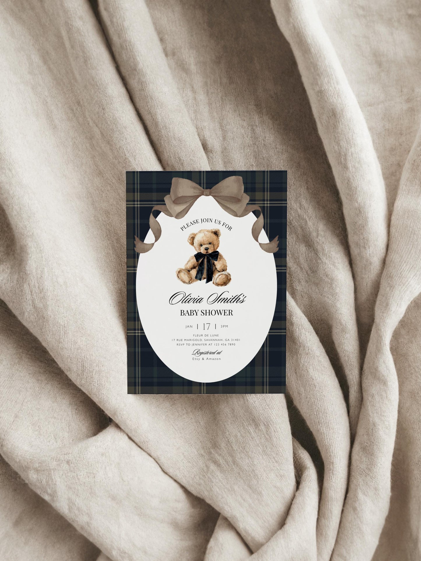 teddy bear, gingham and vintage baby shower invite for a personalized celebration
