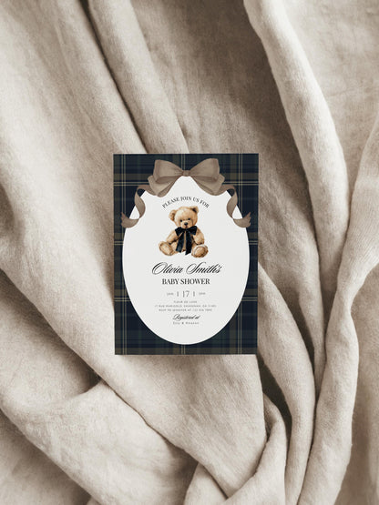 teddy bear, gingham and vintage baby shower invite for a personalized celebration