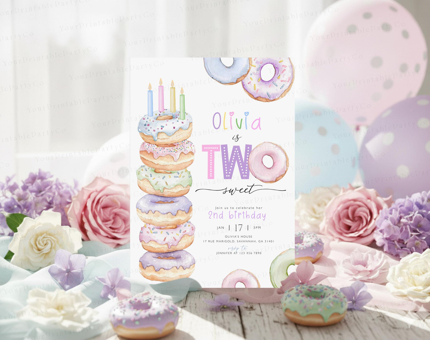 2nd birthday, pink and pastel birthday invite for a personalized celebration
