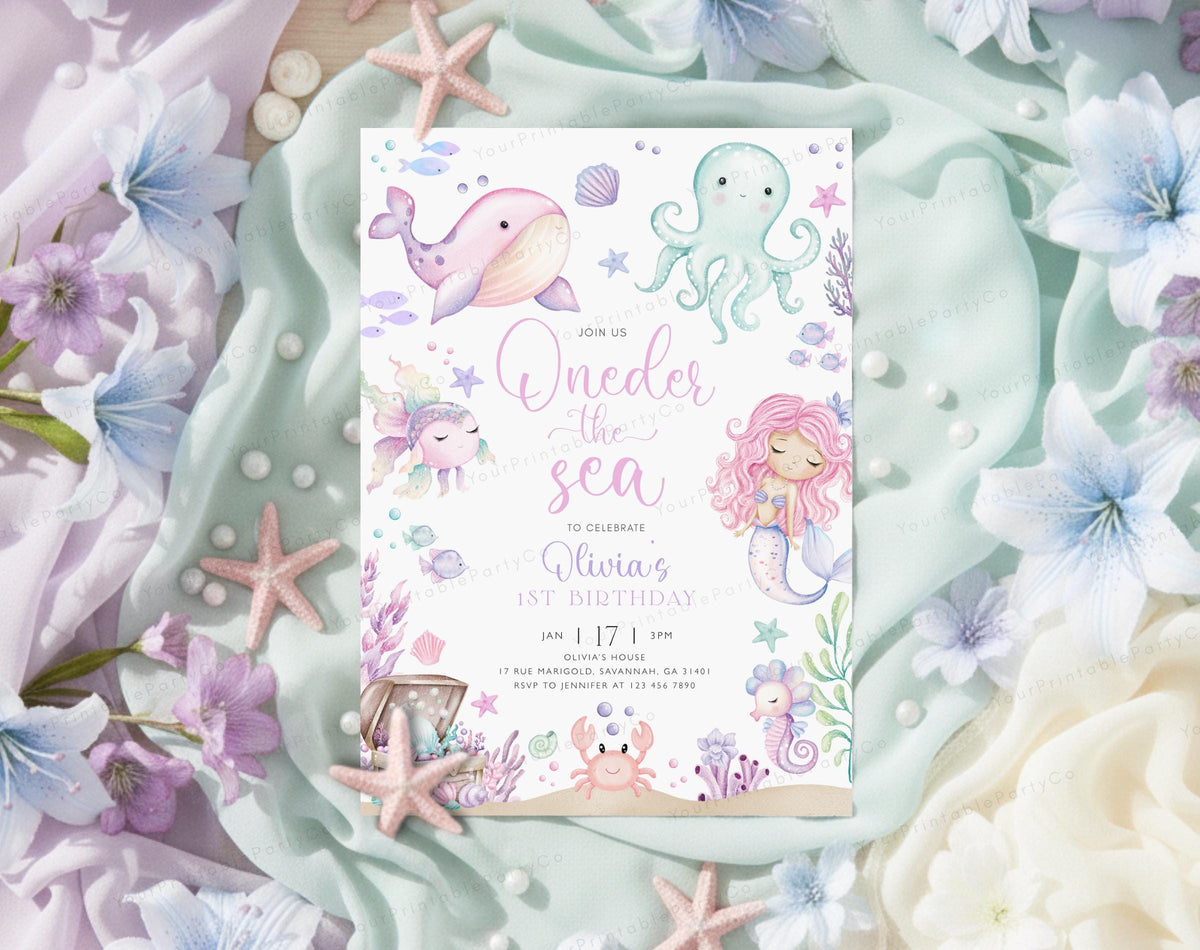 1st birthday, under the sea and pastel birthday invite for a personalized celebration