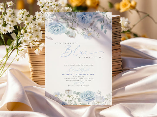 bridal brunch, floral and blue bridal shower invite for a personalized celebration