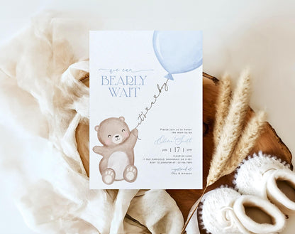 oh boy, teddy bear and blue baby shower invite for a personalized celebration