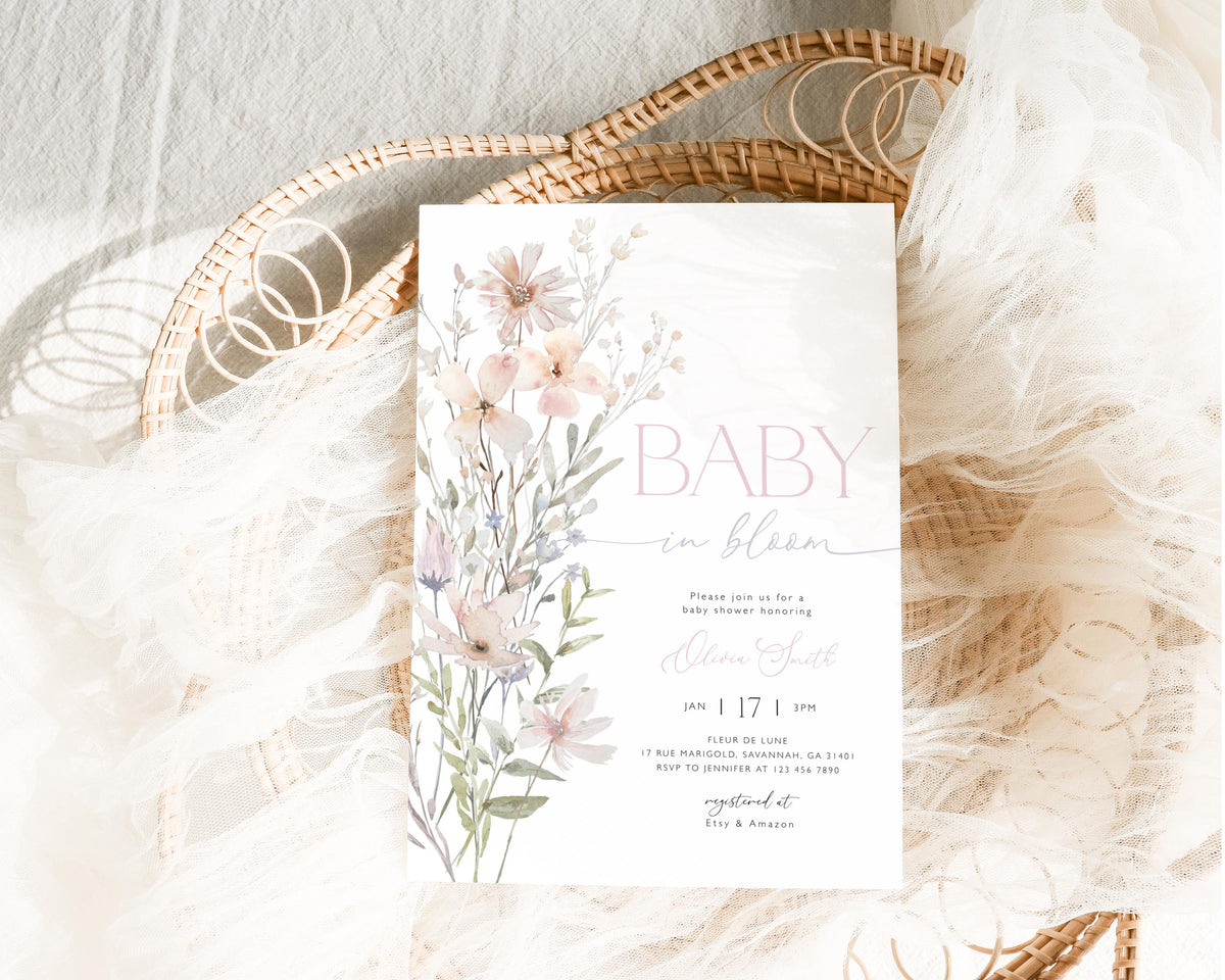 Pink wildflower baby shower invite with soft floral design