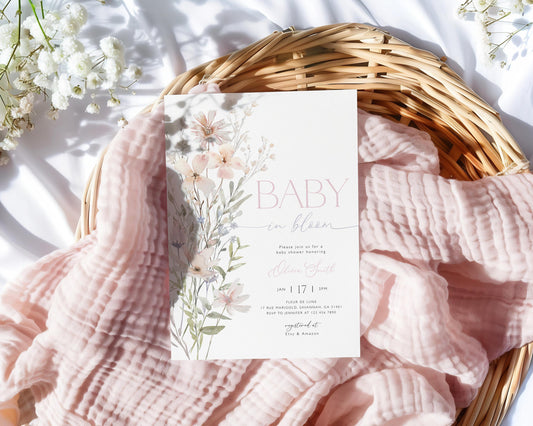 pink wildflower and floral baby shower invitation suite with printable insert cards