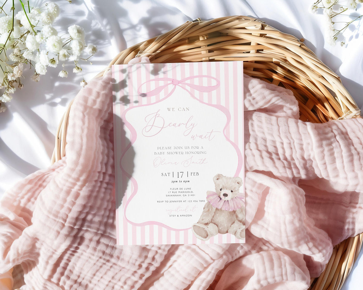 teddy bear and pink bow baby shower invite for a personalized celebration