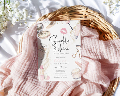 12th birthday, teen party, pamper party, sleepover and glitter glam birthday invite for a personalized celebration