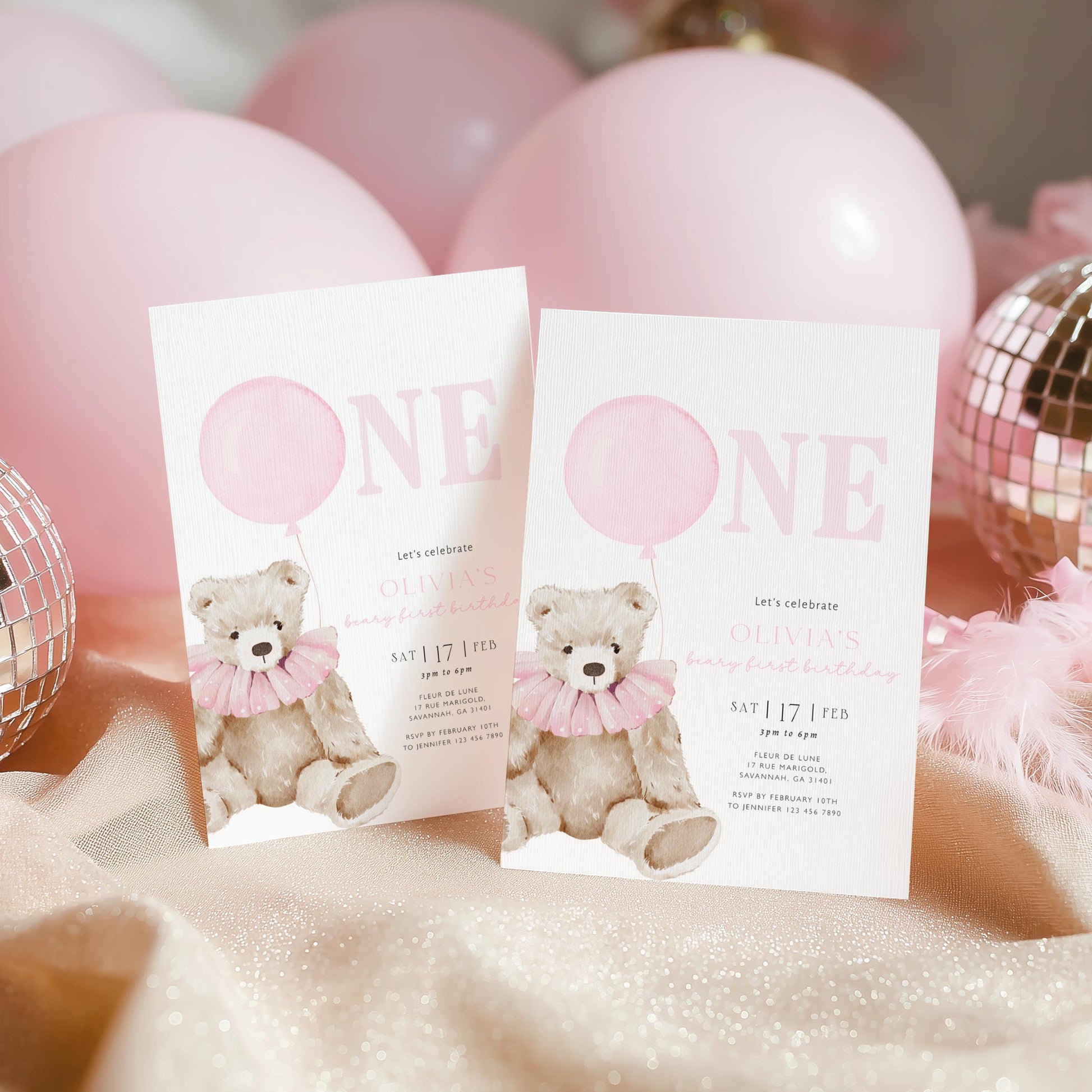 1st birthday, teddy bear, one year and pink 1st birthday invite for a personalized celebration