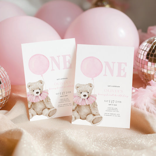 1st birthday, teddy bear, one year and pink 1st birthday invite for a personalized celebration