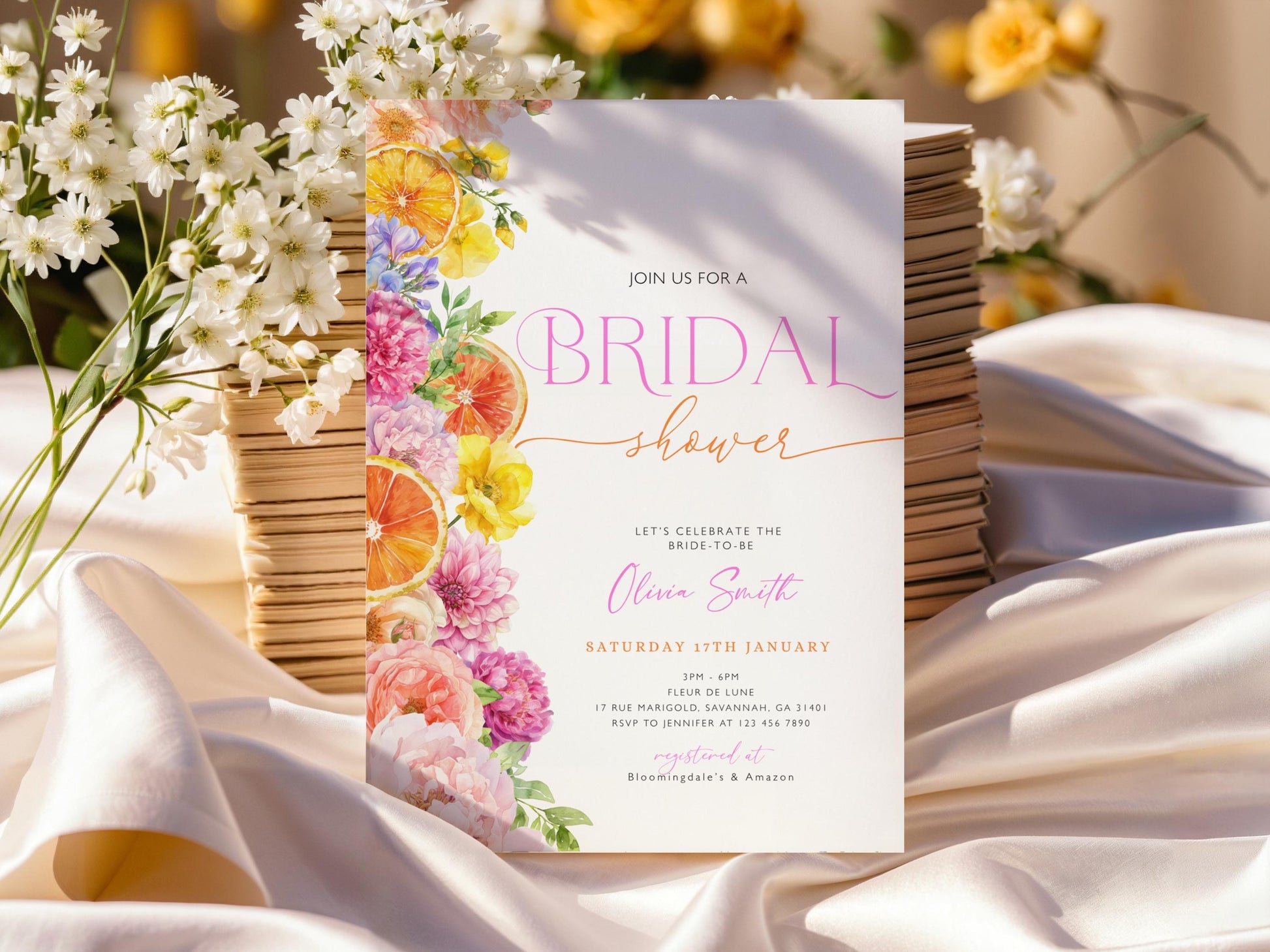 bridal brunch, citrus and floral bridal shower invite for a personalized celebration
