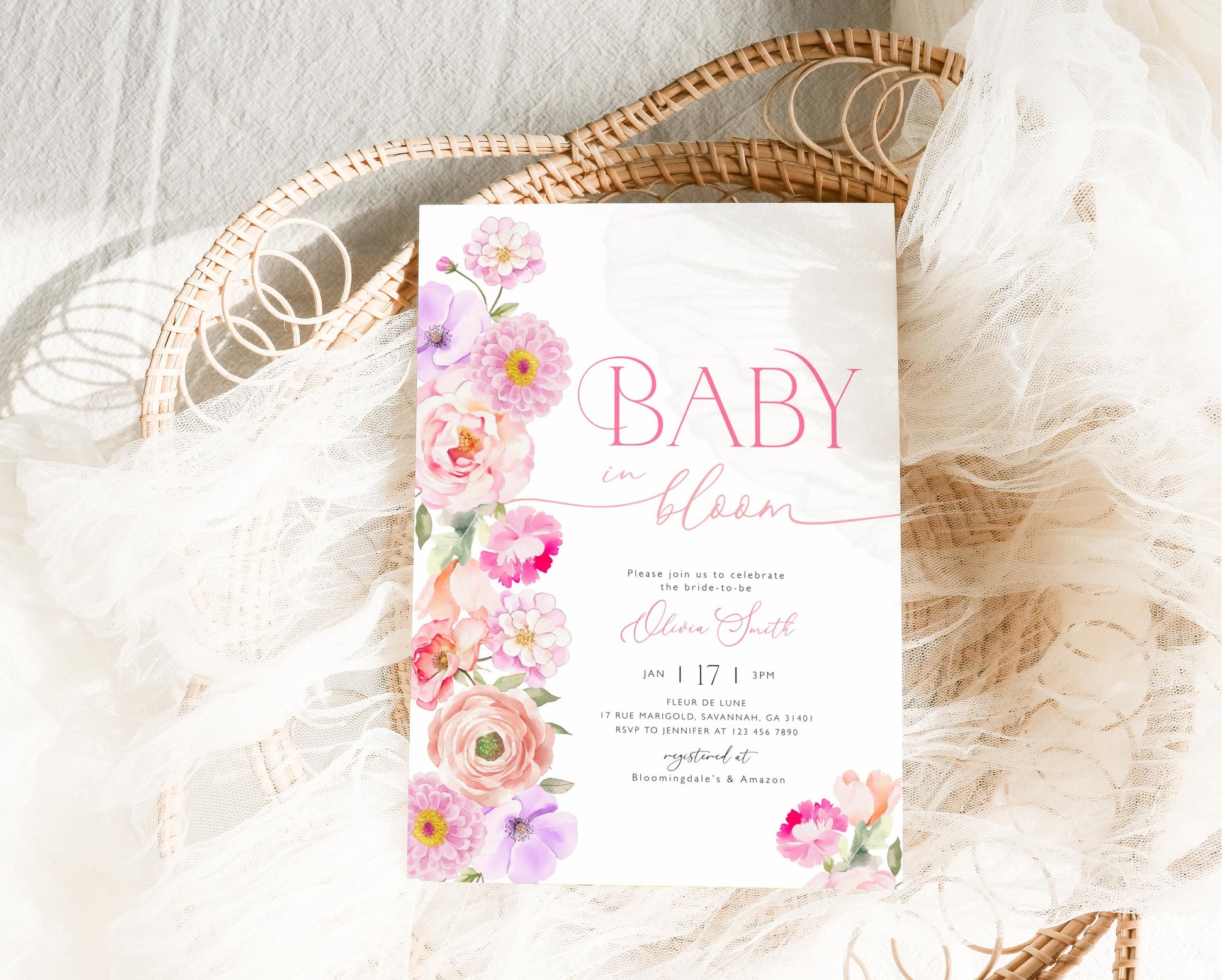 Pink wildflower baby shower invite with soft floral design