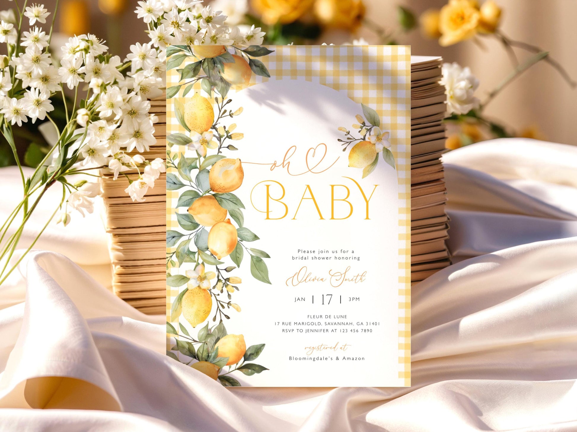 citrus, lemon, floral and summer shower baby shower invite for a personalized celebration