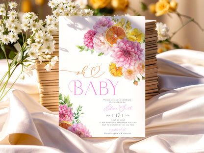 Pink wildflower baby shower invite with soft floral design