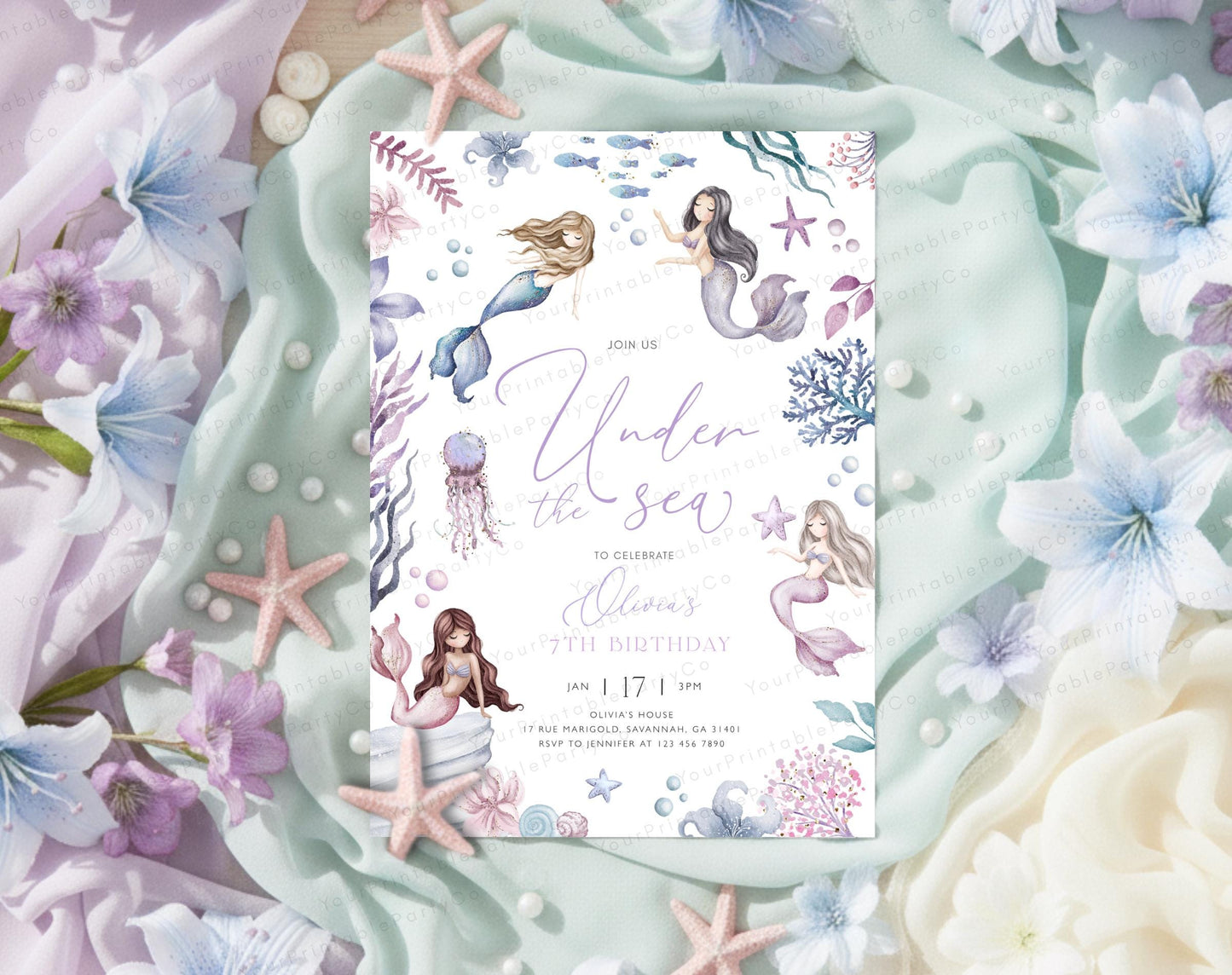 Mermaid Birthday Invitation for birthday guests and party details