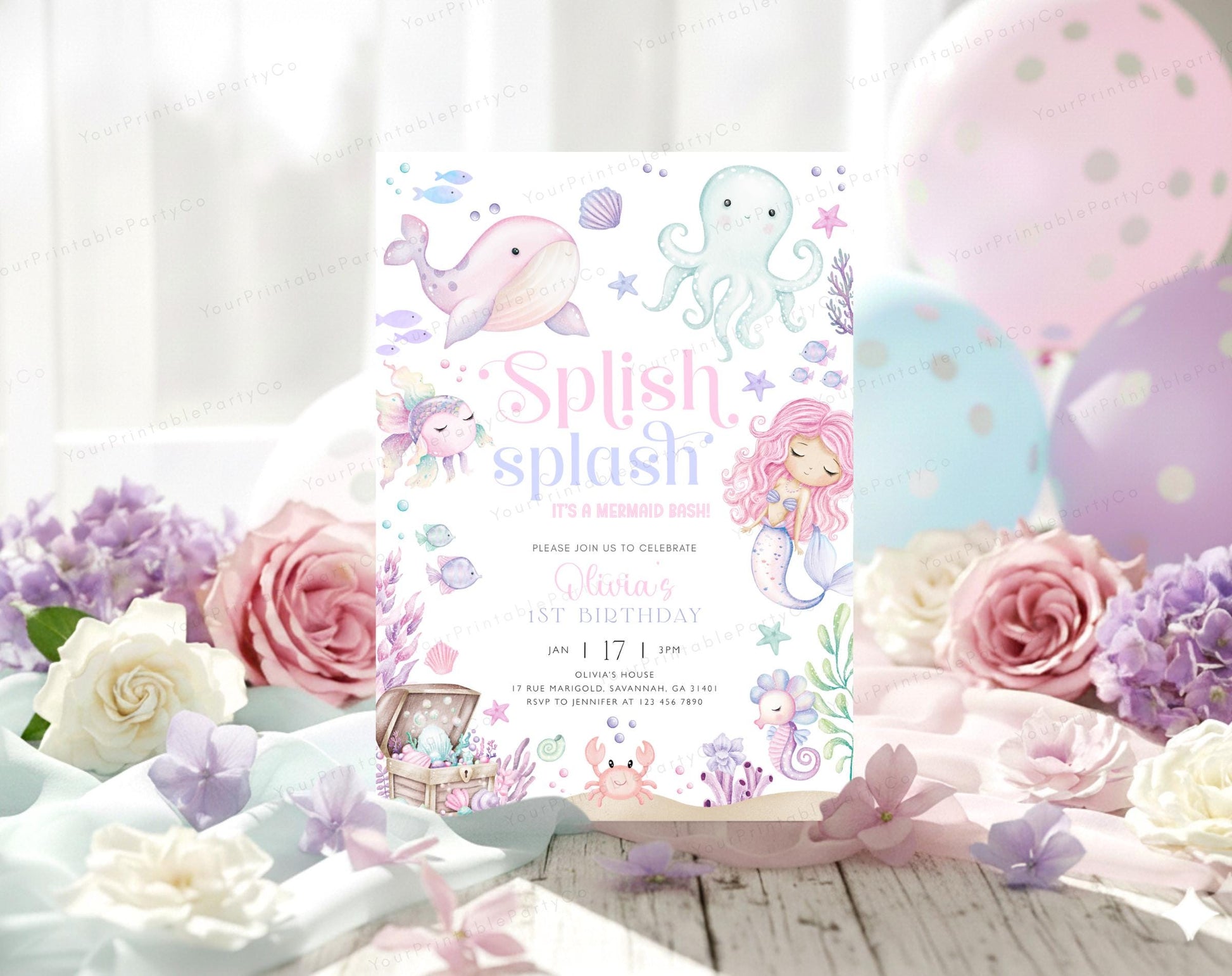 Mermaid Birthday Invitation for birthday guests and party details
