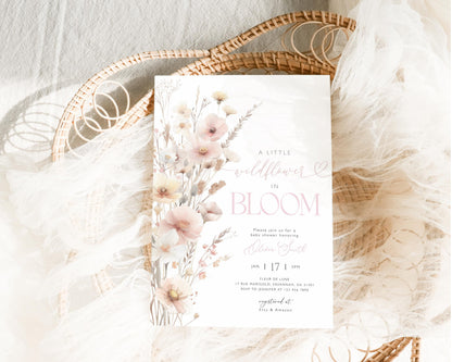 Pink wildflower baby shower invite with soft floral design