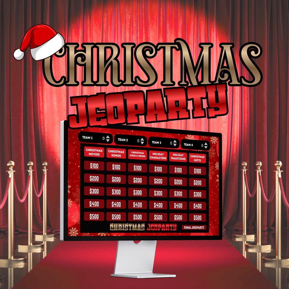 Christmas Jeopardy PowerPoint game with a festive red game board