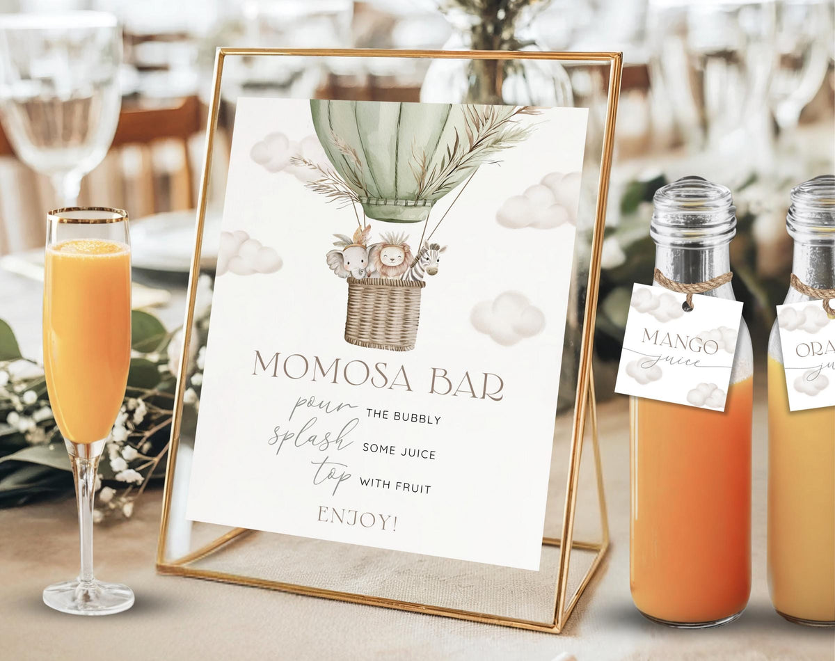Baby Shower mimosa bar set with drink station sign and juice tags