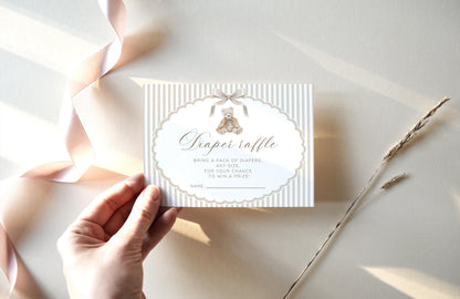 teddy bear and neutral diaper raffle ticket for baby shower games and guest activities