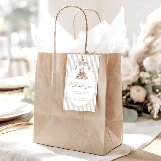 teddy bear and neutral baby shower favor tag template for printable party favors