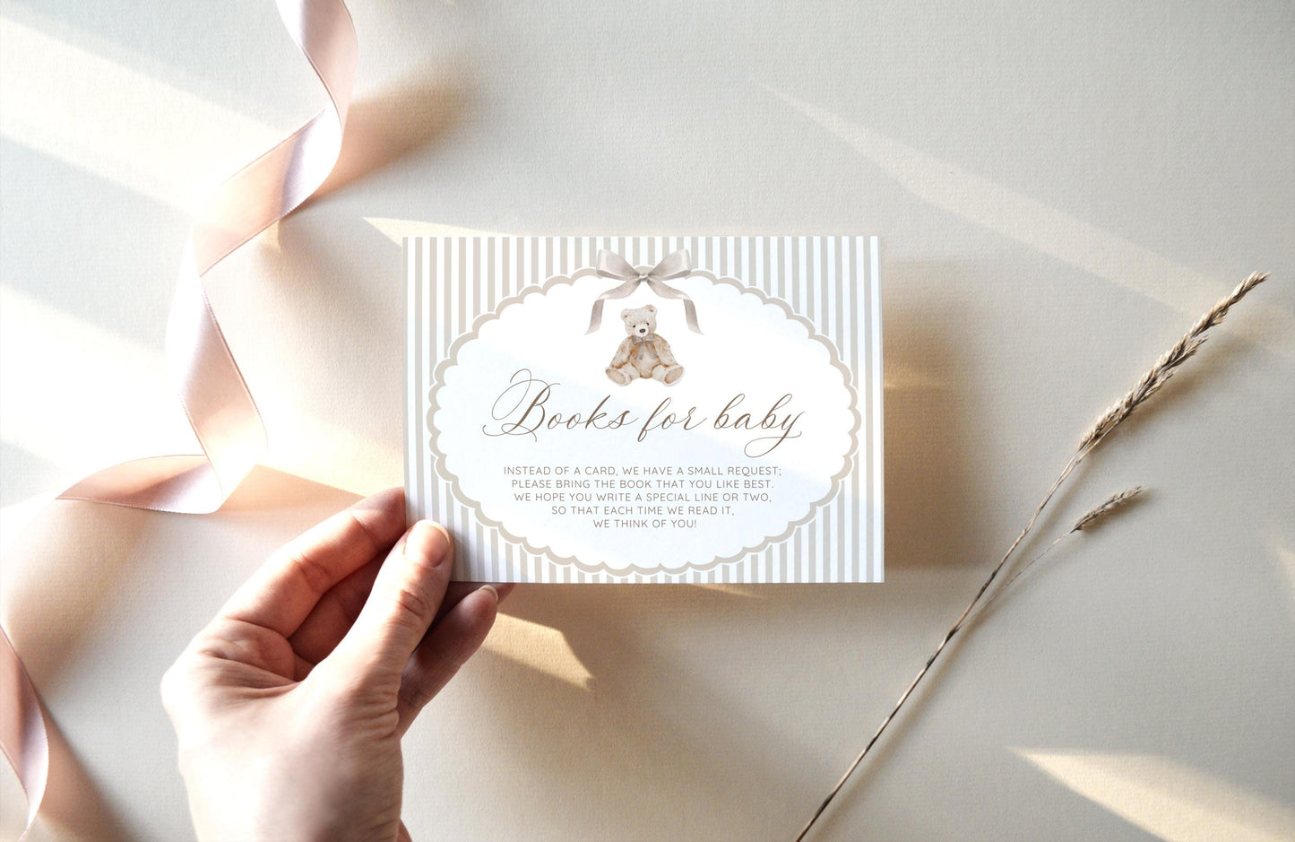teddy bear and neutral books for baby card for baby shower stationery and gift tables