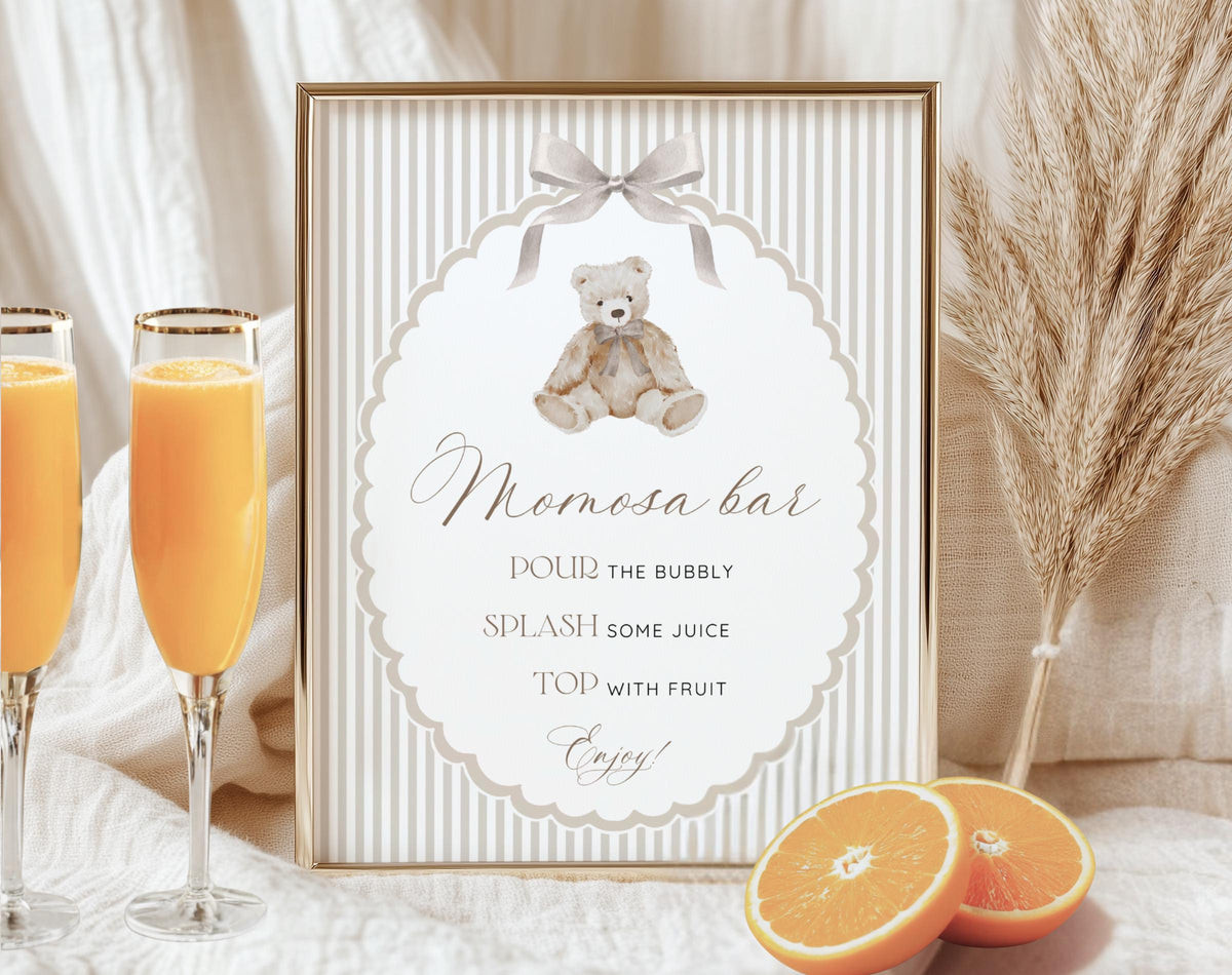We Can Bearly Wait Baby Shower Mimosa Bar Sign for baby shower party decor and supplies