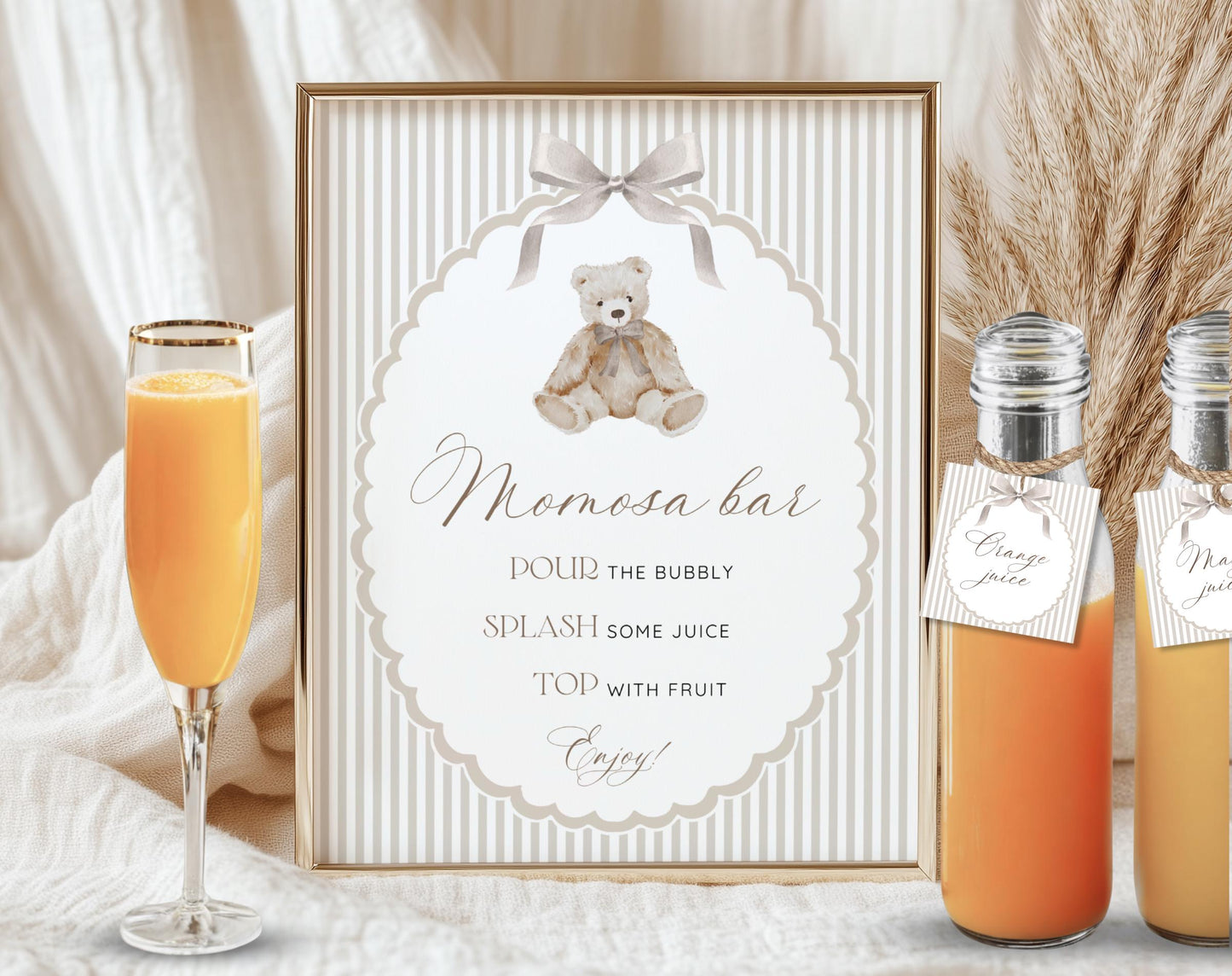 Baby Shower mimosa bar set with drink station sign and juice tags