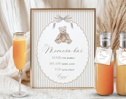 Baby Shower mimosa bar set with drink station sign and juice tags