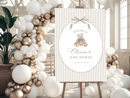 teddy bear and neutral baby shower welcome sign printable for a themed celebration