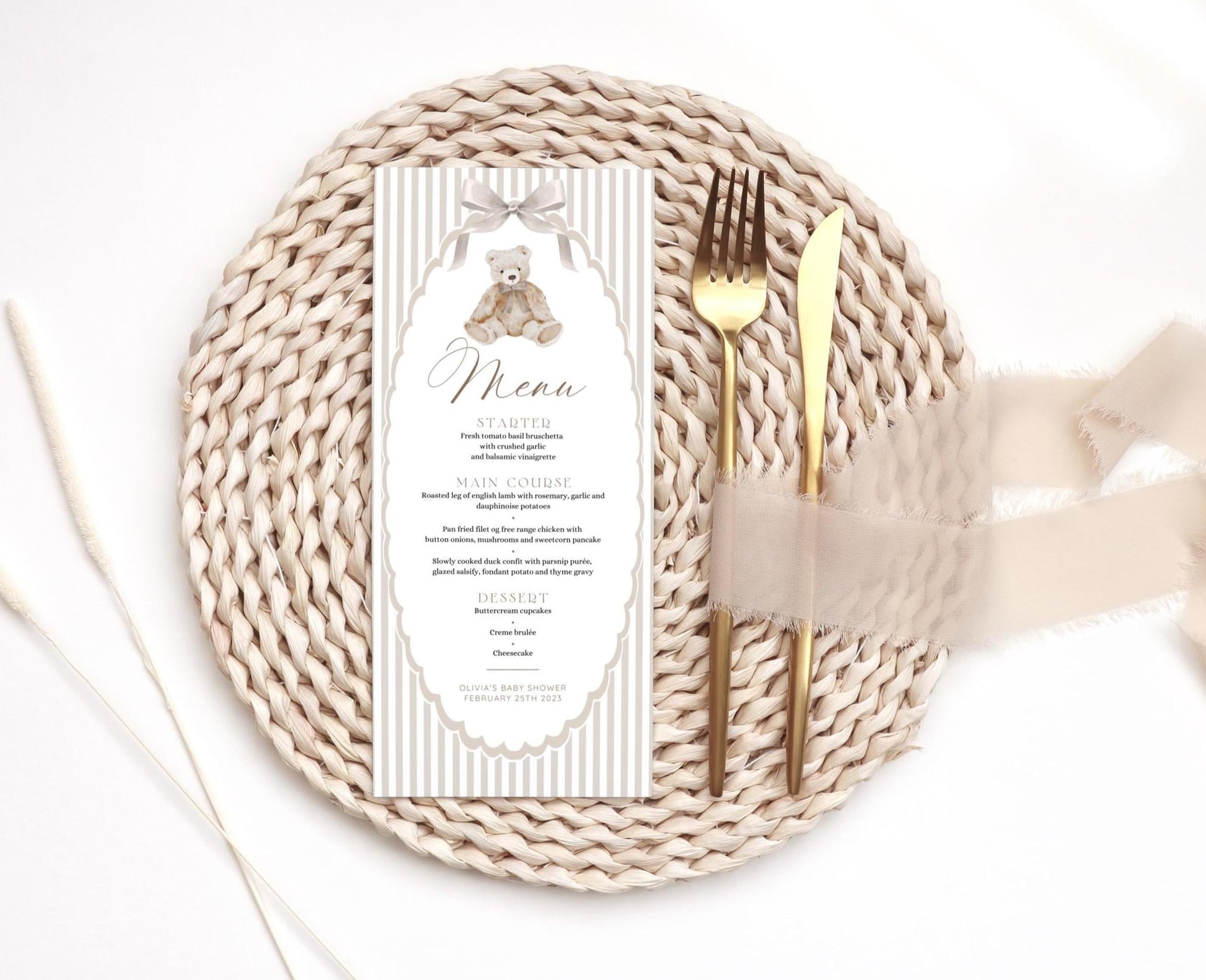 teddy bear, neutral and oh boy baby shower menu template for printable table decor