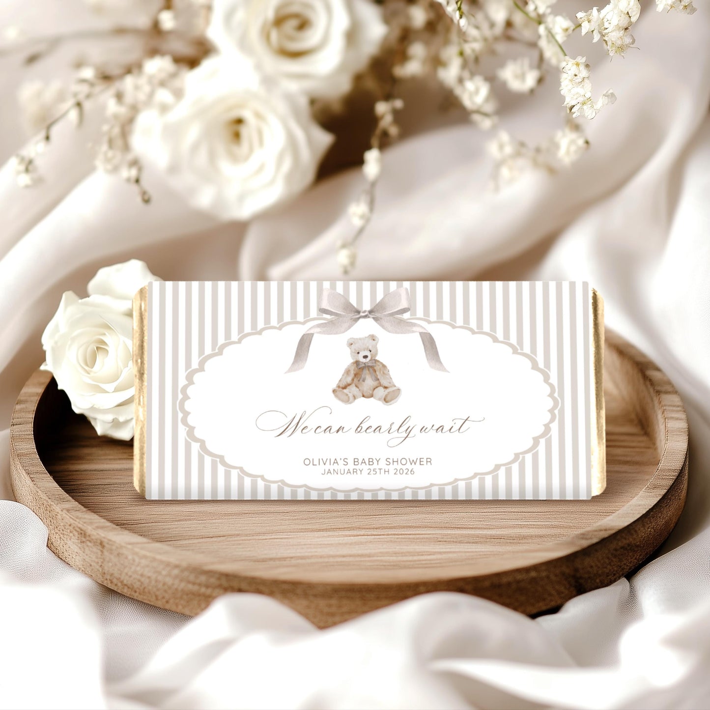 teddy bear and neutral baby shower candy bar wrapper for personalized guest treats
