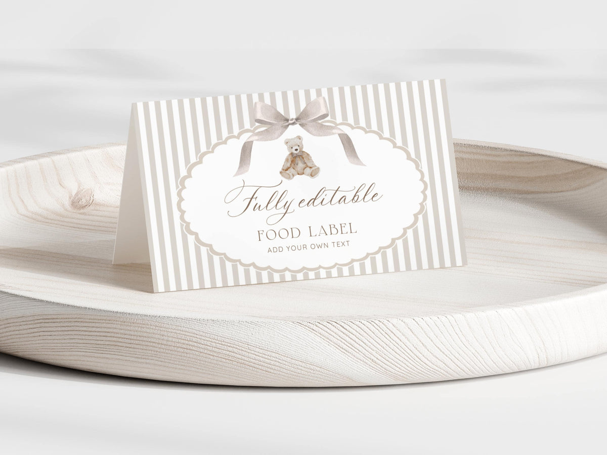 teddy bear and neutral place cards template for a personalized baby shower