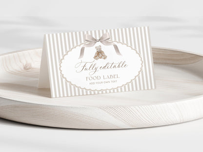 teddy bear and neutral place cards template for a personalized baby shower