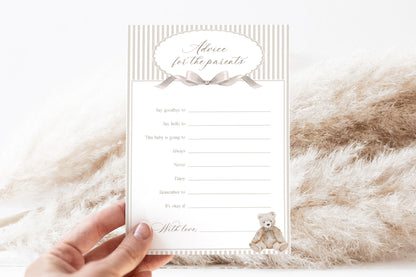 teddy bear and neutral advice and wishes cards template for a personalized baby shower