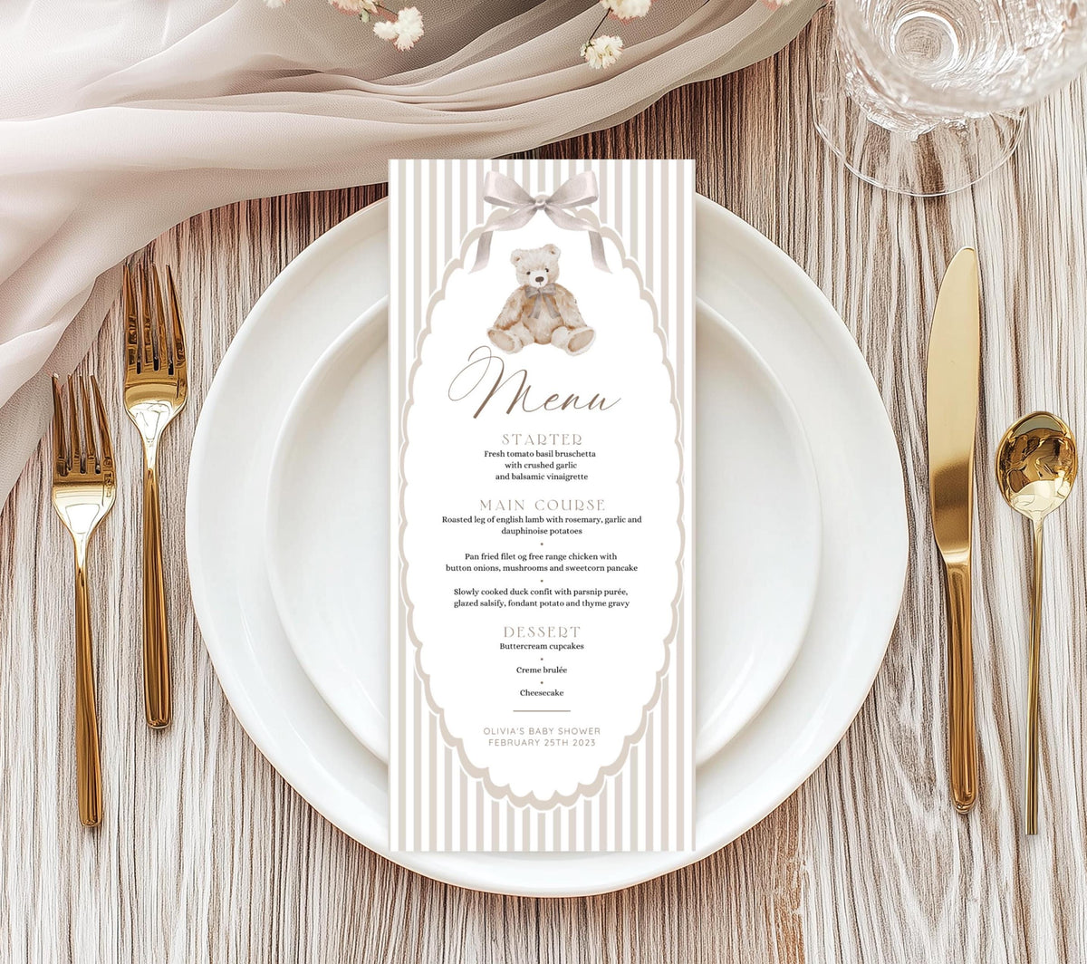 Baby Shower menu for brunch buffet dessert table and place settings