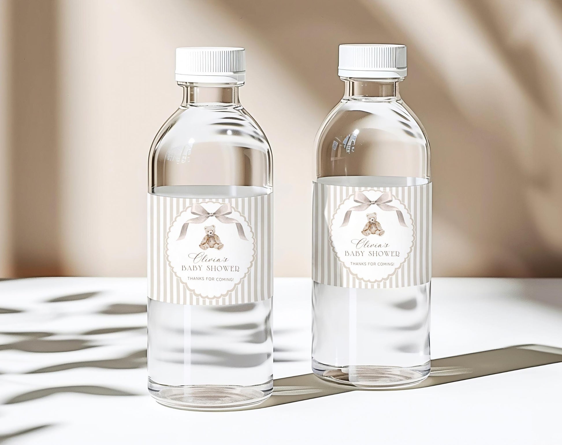 teddy bear and neutral water bottle label template for a personalized baby shower