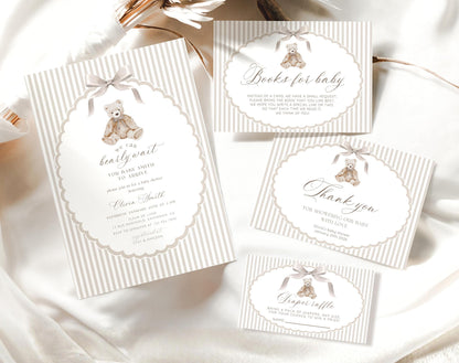 Baby Shower invitation set with invitation, books for baby card, diaper raffle ticket and thank you card