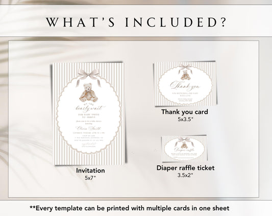 teddy bear and neutral baby shower invitation suite with printable insert cards