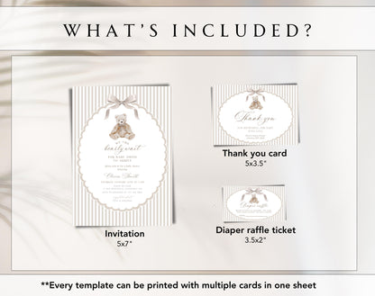 teddy bear and neutral baby shower invitation suite with printable insert cards