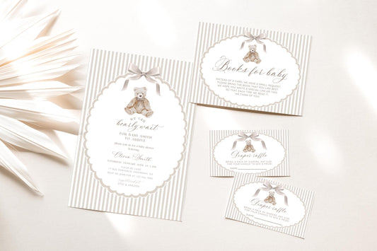 Baby Shower invitation set with invitation, books for baby card, diaper raffle ticket and thank you card