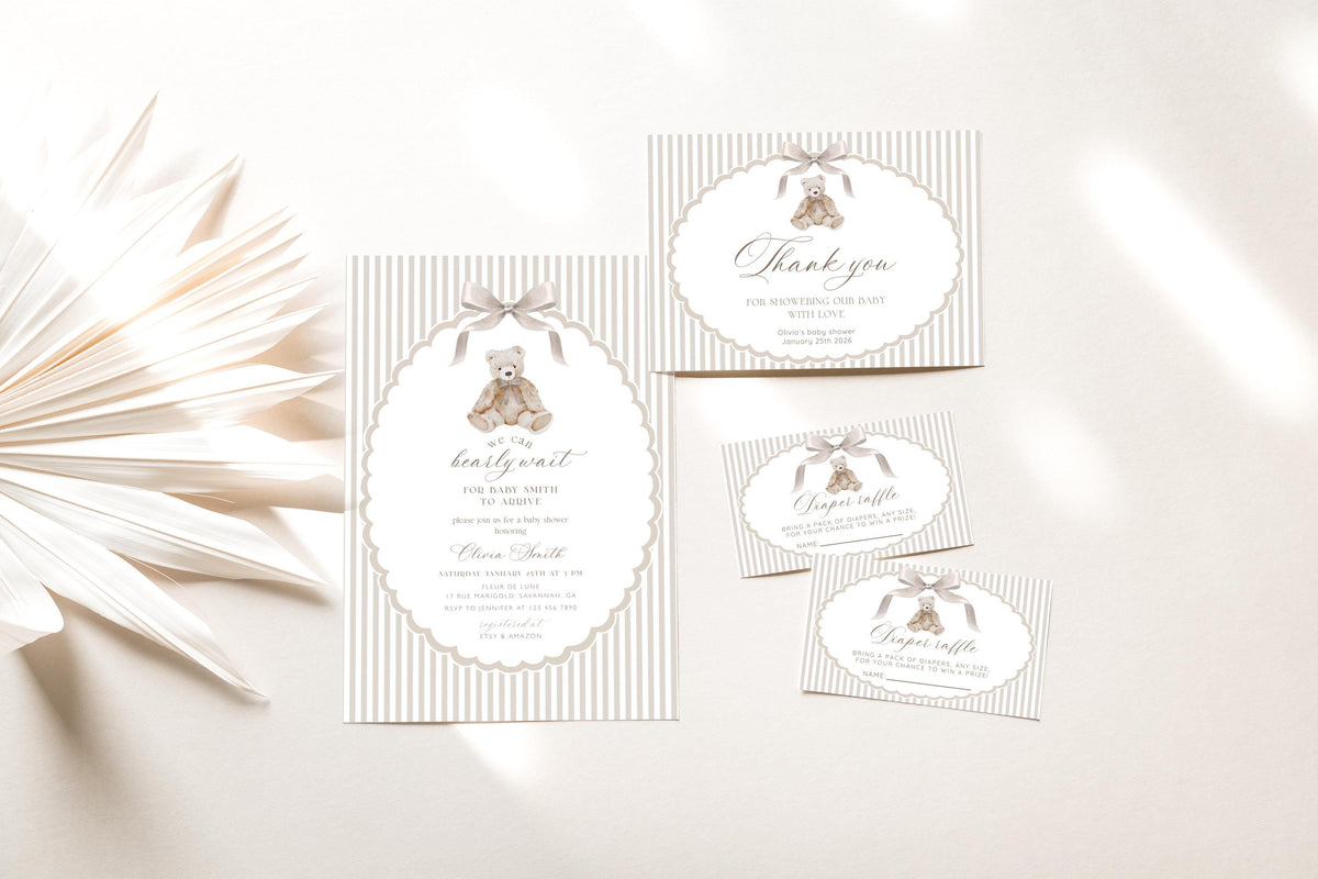 Baby Shower invitation set with invitation, books for baby card, diaper raffle ticket and thank you card