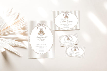 Baby Shower invitation set with invitation, books for baby card, diaper raffle ticket and thank you card