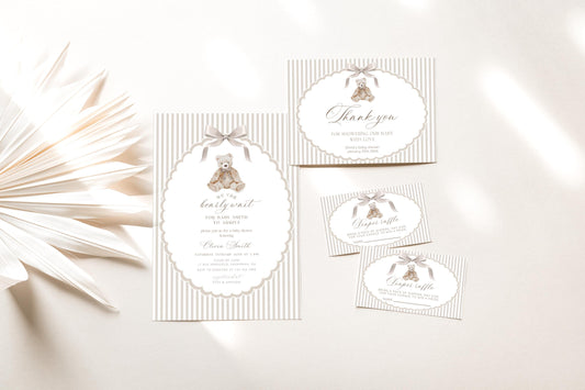 Baby Shower invitation set with invitation, books for baby card, diaper raffle ticket and thank you card