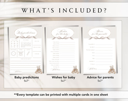 teddy bear and neutral wishes for baby cards template for a personalized baby shower