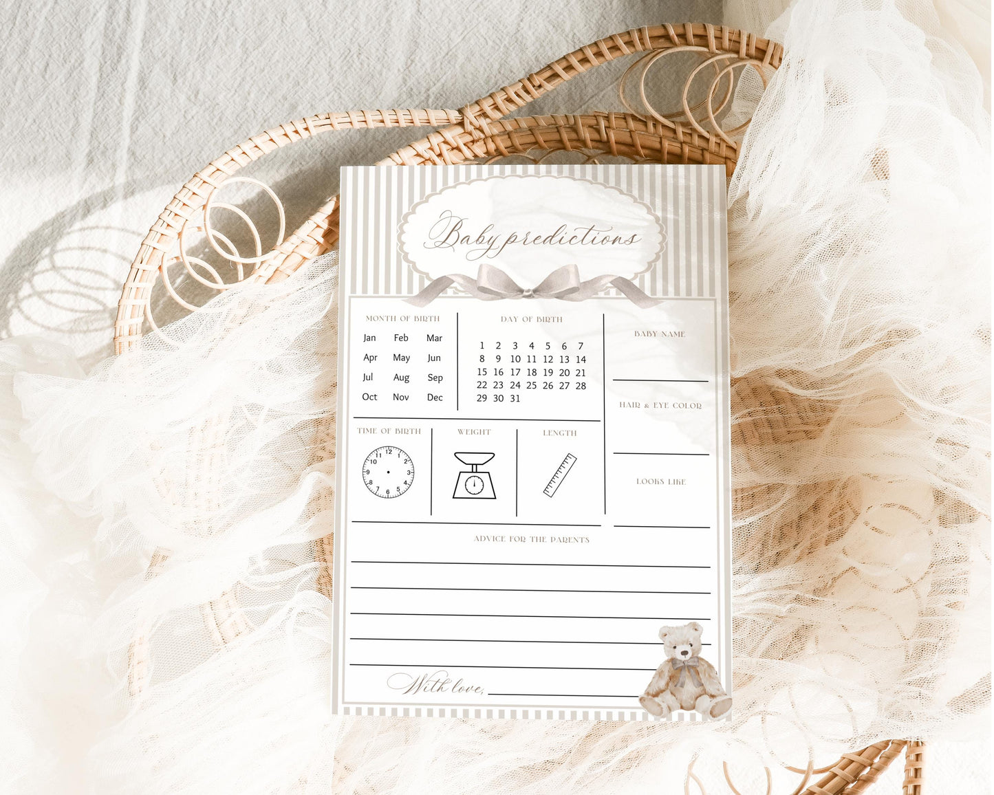 Baby Shower Baby Predictions Card - We Can Bearly Wait for baby shower party decor and supplies
