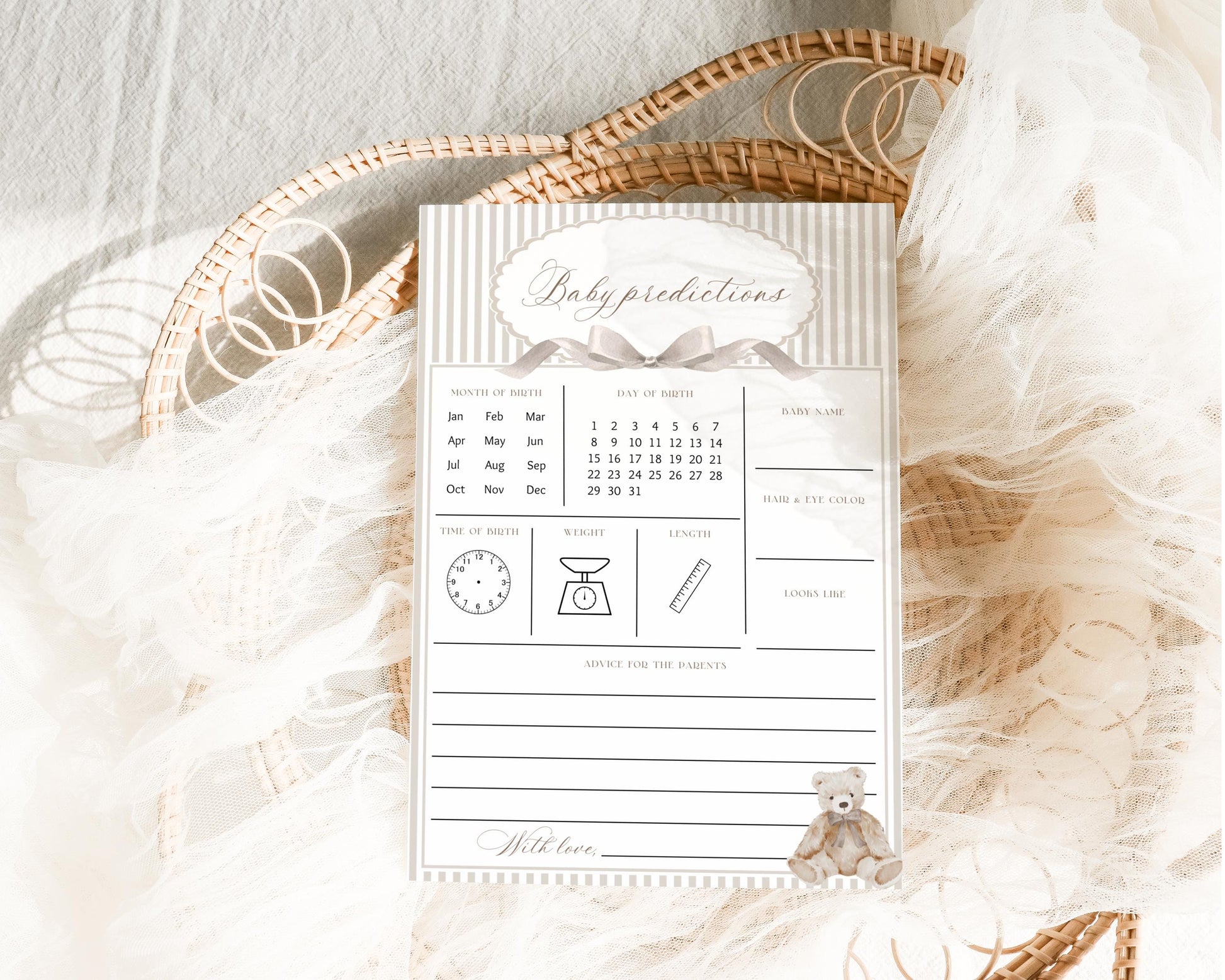 Baby Shower Baby Predictions Card - We Can Bearly Wait for baby shower party decor and supplies