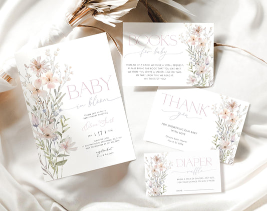 Baby Shower invitation set with invitation, books for baby card, diaper raffle ticket and thank you card